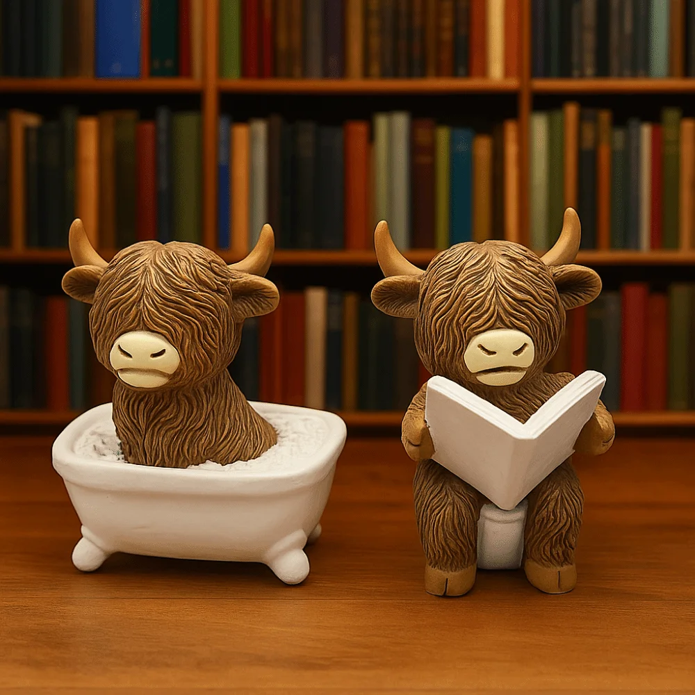 Home Decor Resin Highland Cow Statue Decorative Cute Cow Mini Figurine Realistic Animal Sculpture Ornament Micro Landscape Model