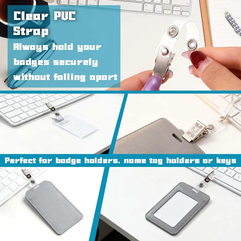 Premium Metal Badge Clips with Clear PVC Straps - 32-Pack for ID Cards, Badge Holders, and Name Tags