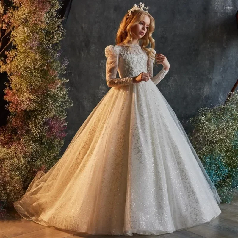 

Girl Dresses Stylish Flower Girls Dress For Wedding Party Butterfly Baptism Gowns Tulle Long Sleeve High Neck Appliques Communio