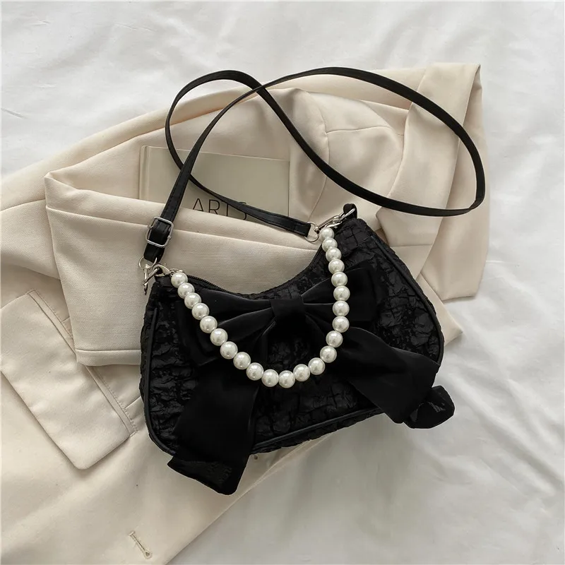 Elegant Pearl-Embellished Retro Designer Handbag with Bow - Luxury Canvas Crossbody Shoulder Bag