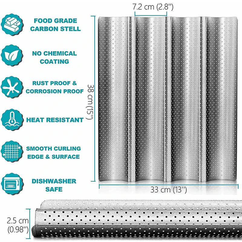 LMETJMA Nonstick Perforated French Bread Baking Pan Carbon Steel Baguette Pan French Bread 4 Wave Loaves Loaf Bake Mold JT158 BEST SELLERS