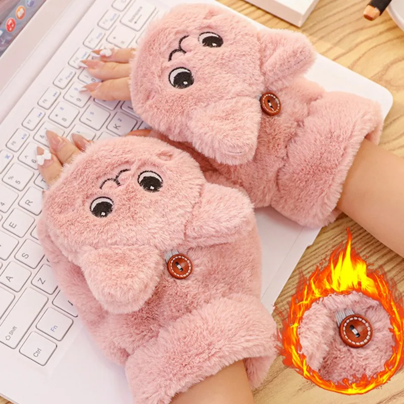 

Plush Cat Half Finger Gloves Autumn Winter Women Girls Thick Warm Flip Fingerless Gloves Cartoon Soft Casual Gloves Lovely Gifts