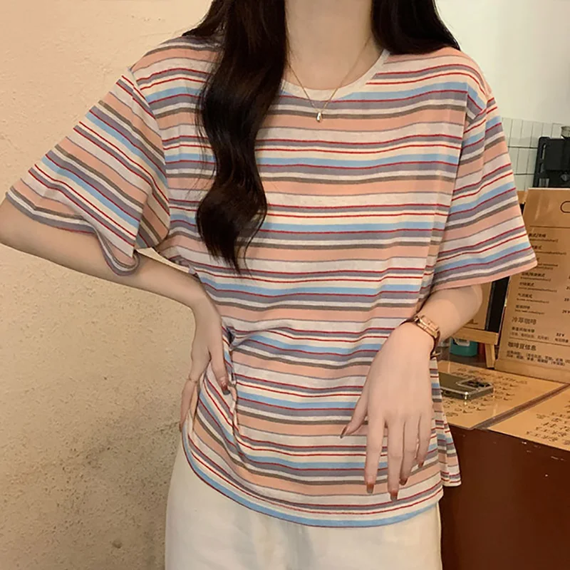 

T Shirt Women Summer 2023 Loose Striped Cotton Tee Shirt Female Korean Fashion Short Sleeve O Neck Casual T-shirts Tops Female