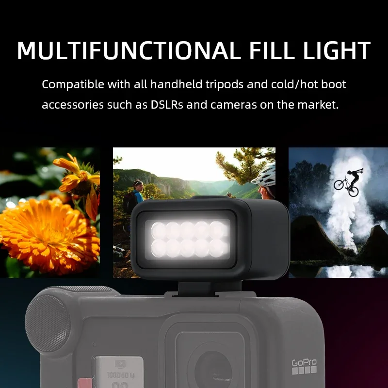 Vue rapprochée du Kit Lumière LED pour GoPro – Clip Pivotant et Éclairage Vidéo avec sa batterie intégrée