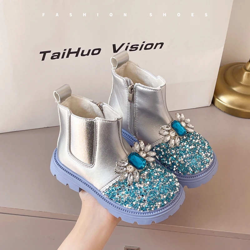 Girls Princess Boots with Shiny Crystal Kids Ankle Boots Glitter 2025 Autumn Winter New Children Fashion Boots Versatile Soft