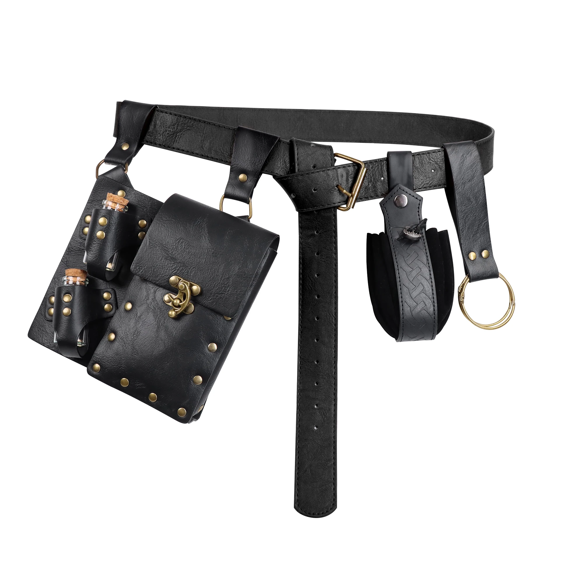 4 Stück Set mittelalter lichen Pu Ledergürtel und Zauberer Seiten taschen mit 2 Glasflaschen Wander rock Clips für Halloween Kostüm zubehör