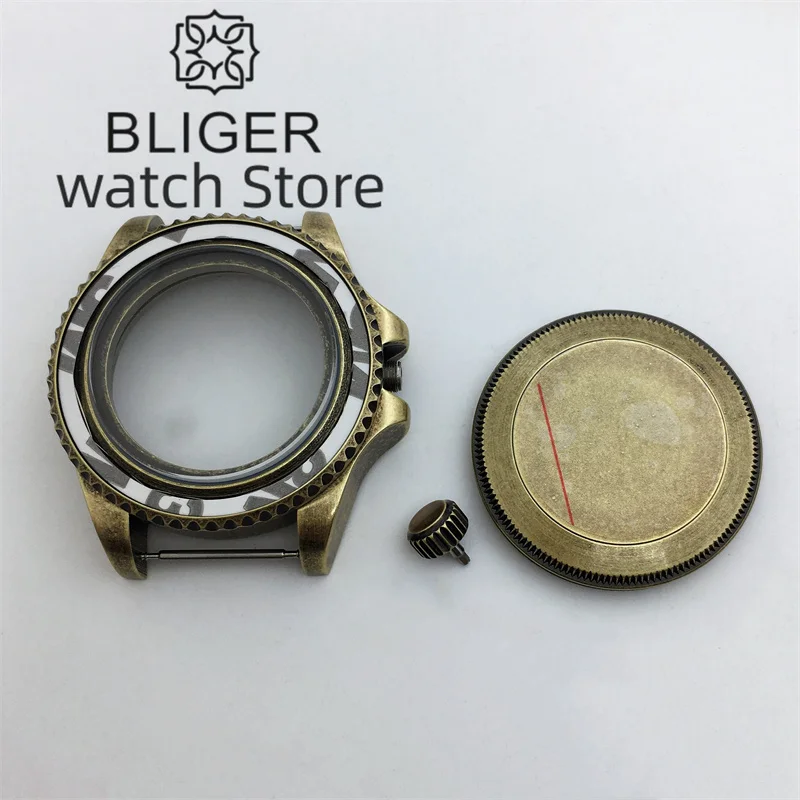 BLIGER 브론즈 돔 사파이어 유리 바다 다이버 브러시 시계 케이스, NH34, NH35, 36, ETA2824, PT5000 무브먼트 스크류 크라운에 적합, 43mm