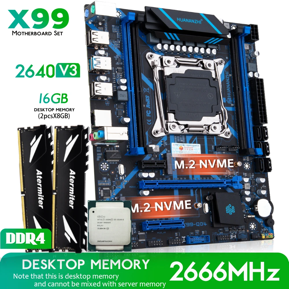  HUANANZHI X99 QD4 X99 Motherboard with combo kit set XEON E5 2640 V3 16GB 2666MHz (2*8G) DDR4 Desktop Memory NVME NGFF USB 3.0 