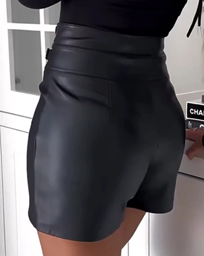 Women's Shorts 2023 Summer Fashion High Waist Pu Leather Buckled Casual Plain Daily Skorts Y2K Streetwear
