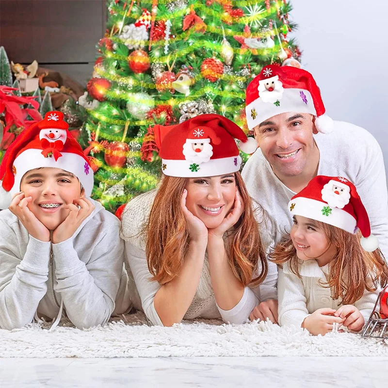 LED Christmas Hats Light Up Cap Santa Claus Hat Snowman Elk Xmas Hat Adult Kids New Year Festive Holiday Party Supplies Christmas Beanie Hat