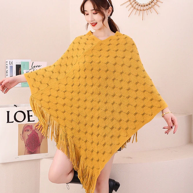 Poncho bohemio con flecos para mujer y niña, ropa de punto con capa  Oversied, suéter Vintage suelto, puente geométrico, amarillo| | - AliExpress