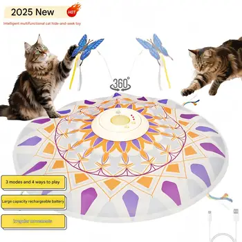 Giocattolo teaser interattivo per gatti 3 in 1 ricaricabile tramite USB 360 °   Piume rotanti e motivo mandala, capacità batteria 1200 Design in plastica