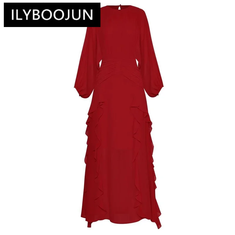 

ILYBOOJUN Fashion Designer Early Autumn Dress Women O-Neck Lantern Sleeve Folds Ruffles Elegant Party Red Long Dresses