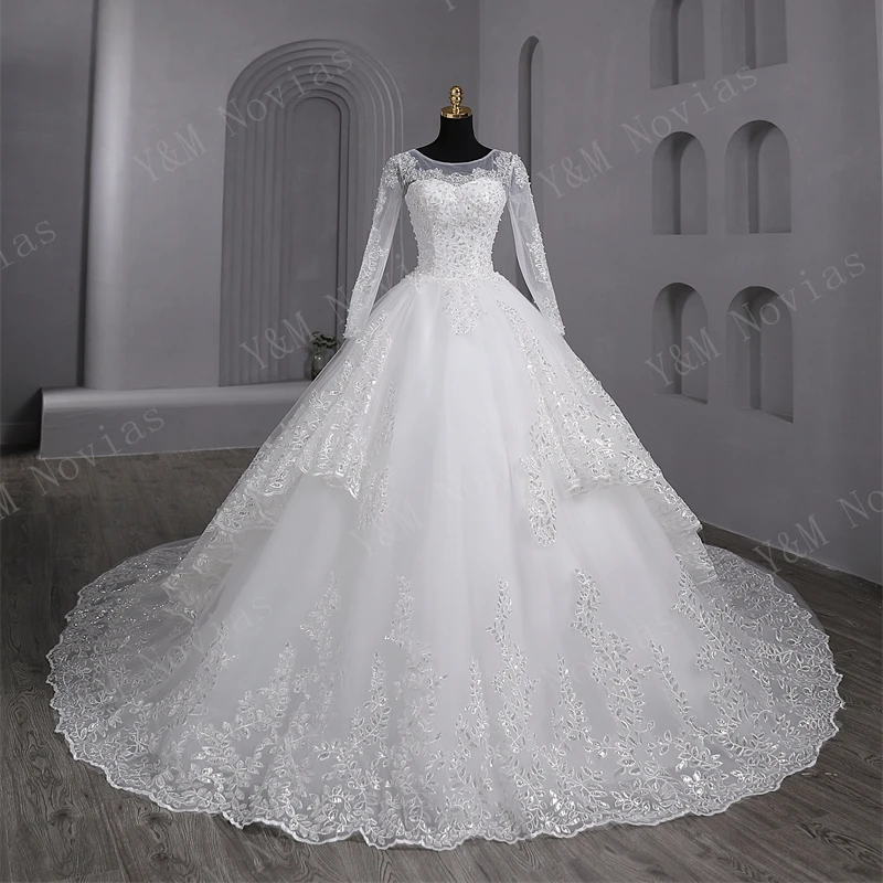 Sequined Ball Gown Full Sleeve White Wedding Dress Sweet 2 Layres Train Vintage Plus Size For Women Bridal Customized