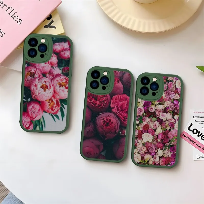 Peonie Beautiful Flower Phone Case Green Per Iphone 11 13 14 12 Pro Max Mini Xs X Xr 7 8 Plus Se2020 Leather Texture Coque