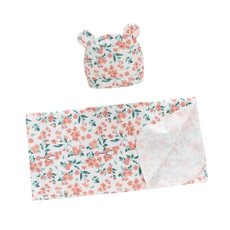 2 Pcs  수신 담요 모자 세트 꽃 인쇄 Sleepsack Swaddle 포장 귀여운 귀 모자 Turban Headwrap