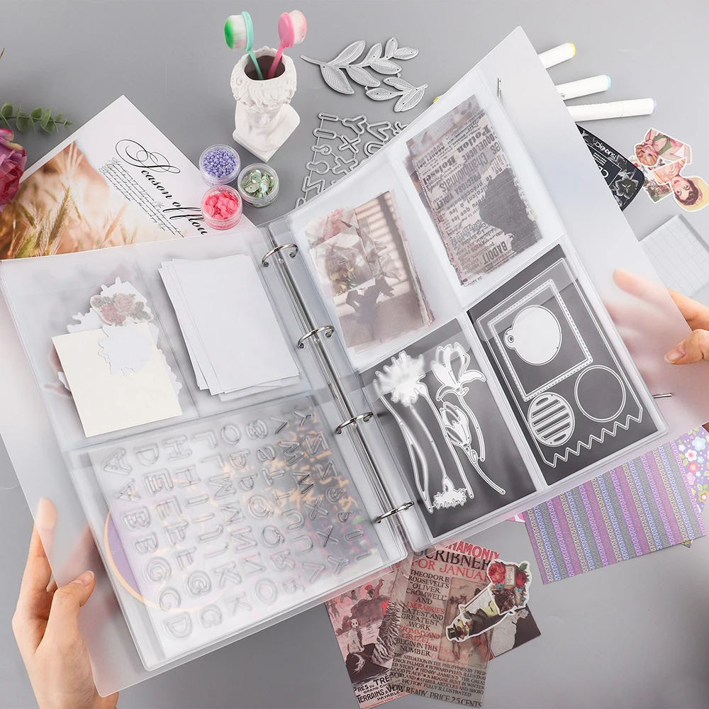 A4 Size Storage Book Binder Page Protectors with 1/2/3/4 Grids Pockets Inserts for DIY Dies Stamps Storage Folder Organizer