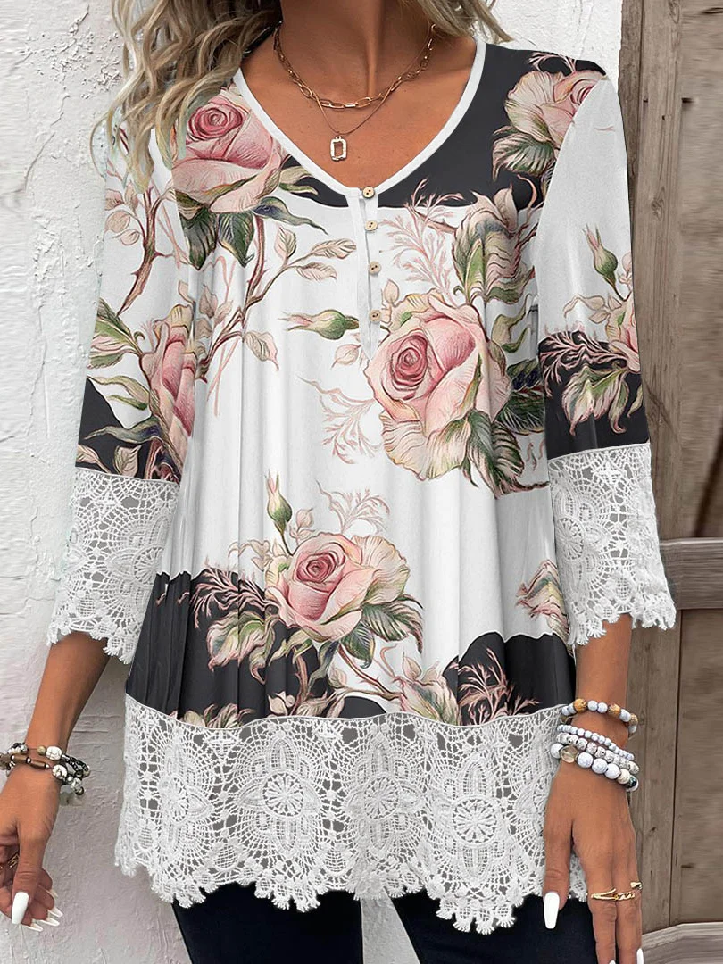

Plus Size Women 3/4 Sleeve V-neck Floral Printed Graphic Lace Button Tops