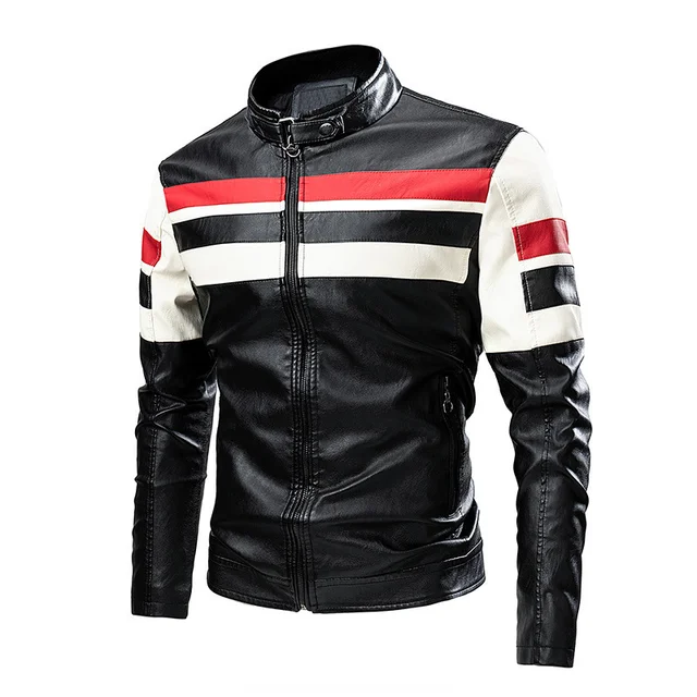 Autumn Winter Men s Leather Jacket Locomotive Motorcycle PU Stripe Stitching Punk Bike Windbreaker Bomber Jacket Thicken Coat