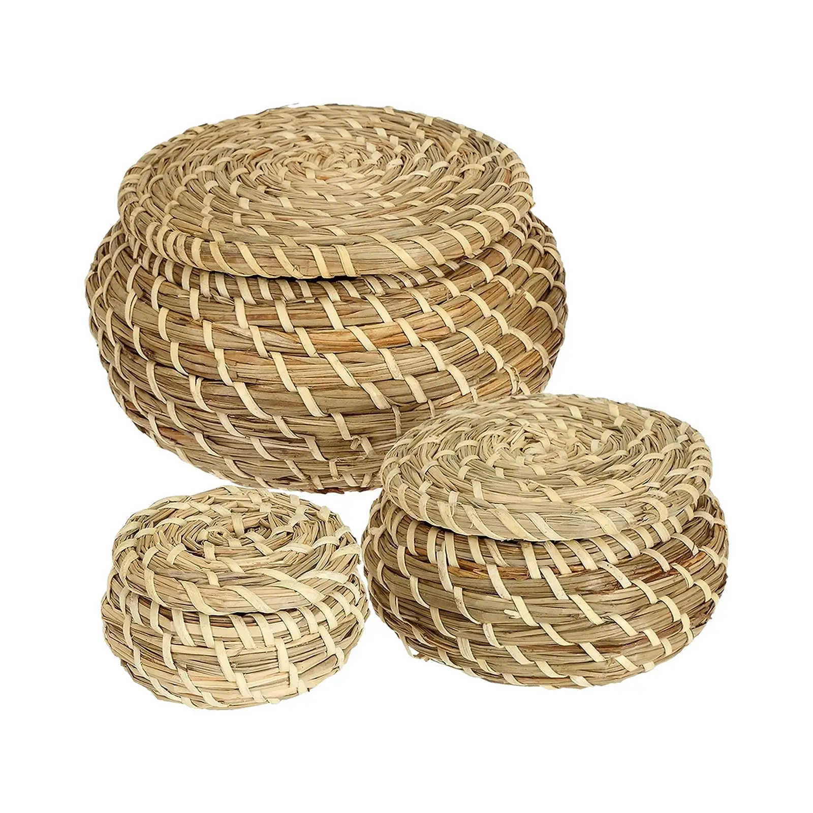 3 Pieces Round Seagrass Box Wicker Basket with Lid for Shelf Keys Bathroom