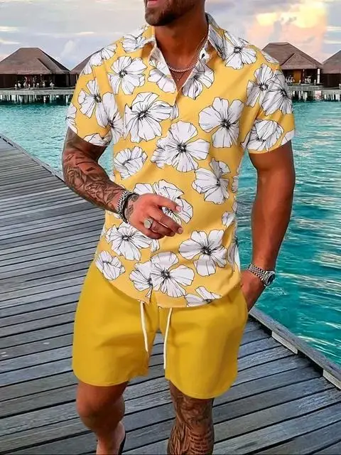 Summer Tropical Plants 3D Print Men Shirt Sets Fashion Short Sleeve Shirt Oversized Casual Beach Shorts Streetwear Suits Clothes 2