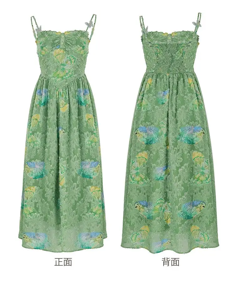 Summer New Floral Printed Spaghetti Strap Midi Dleevees for Women High Waist Holiday Style Korean Fashion One Piece Vestido