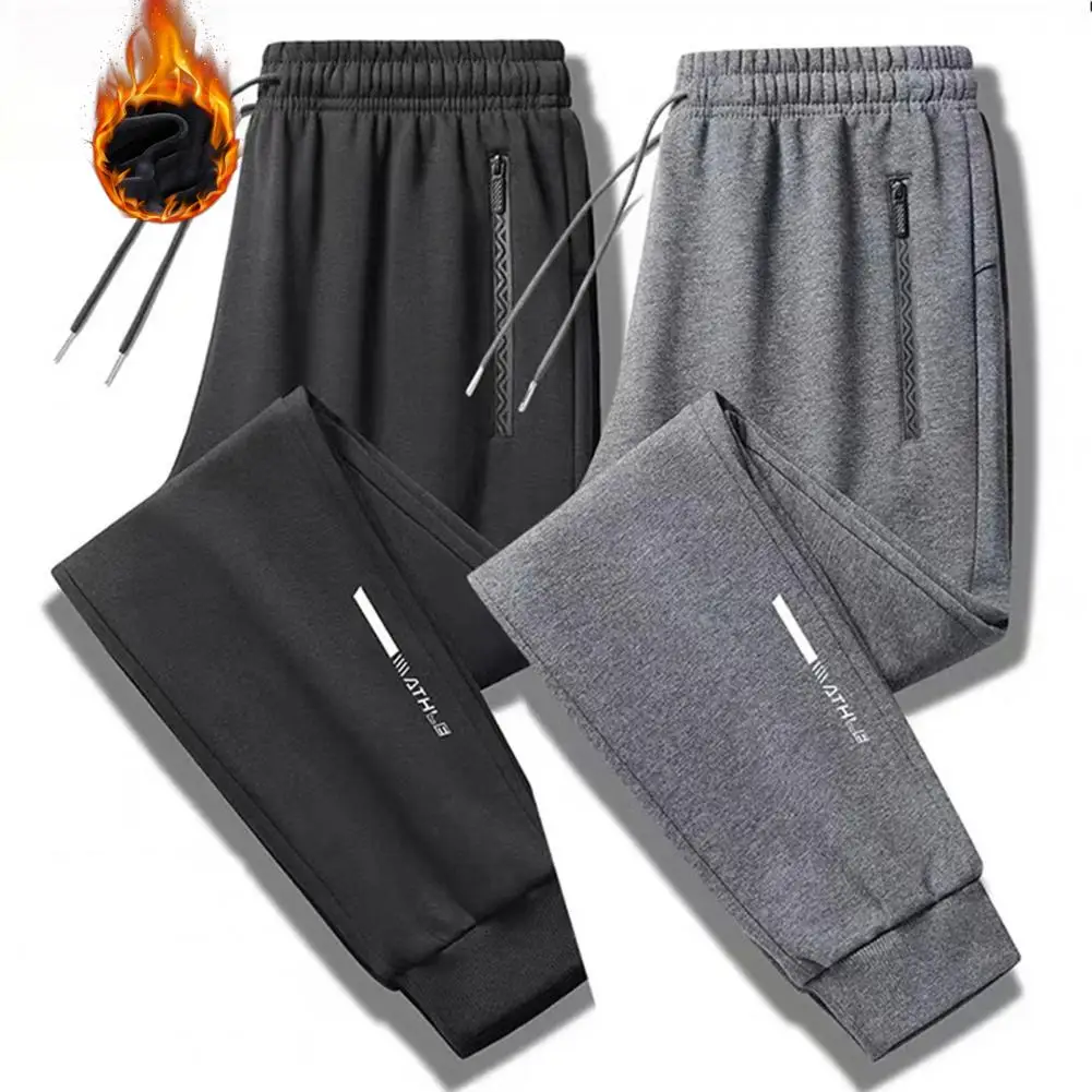

Comfortable Sports Pants Mid-rise Waist Sweatpants Men's Winter Fleece Lined Jogger Pants with Zippered Pockets Casual for Cold