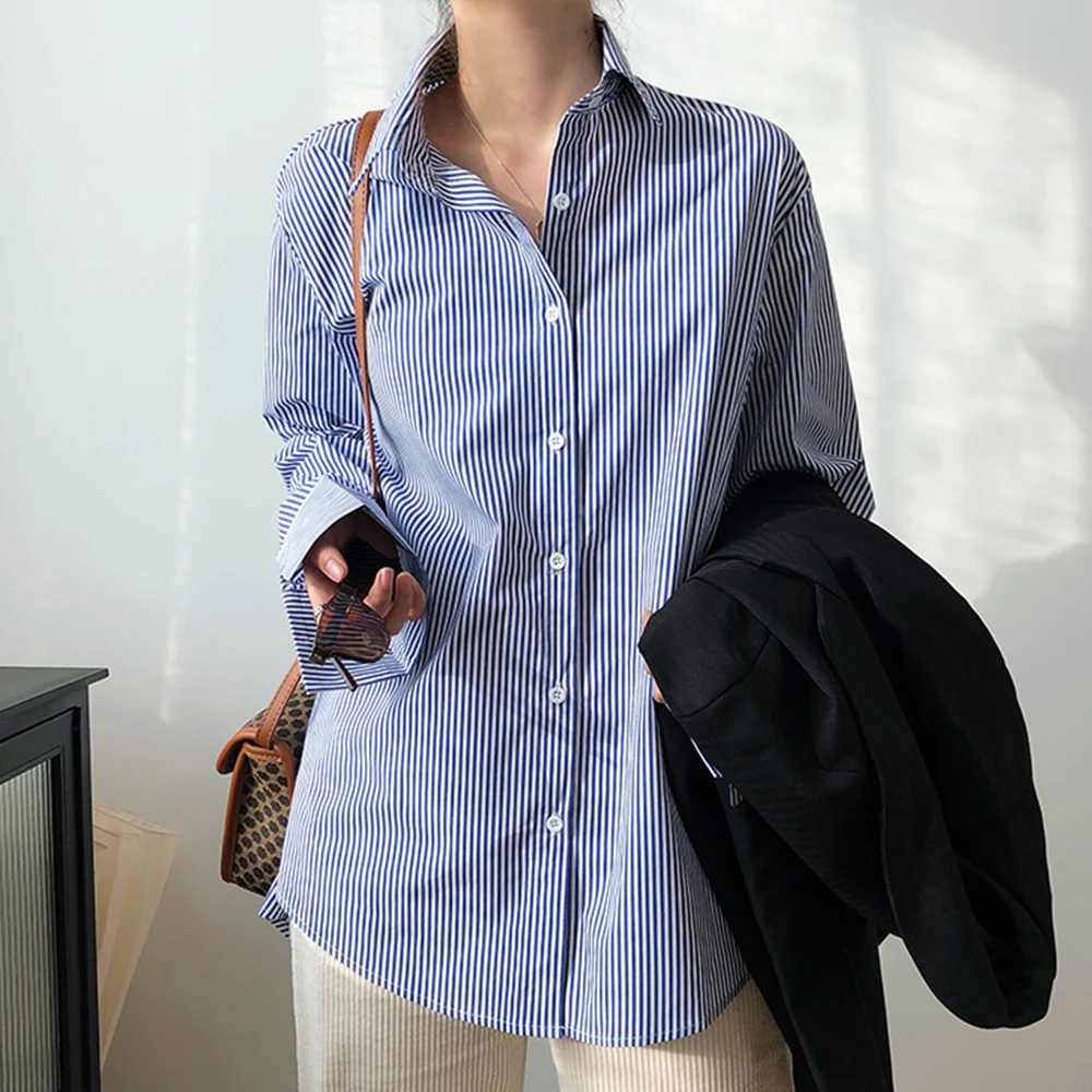 Camisa a rayas y blancas de manga larga para mujer, blusa informal holgada Unisex, moda coreana, para novio, novedad de Primavera de 2022 _ - AliExpress Mobile