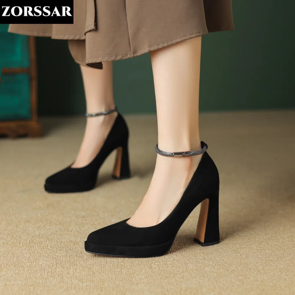 

Spring 2024 New Women's Mary Janes Shoes Patent Leather High Heel Dress Shoes Pointed Toe Shallow Buckle Strap Women Suede Shoes