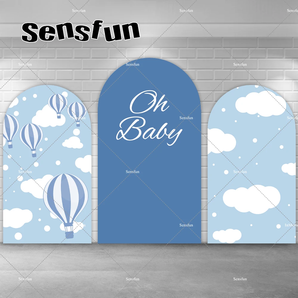 

Boys Oh Baby Arch Cover Backdrops Blue Sky Clouds Hot Air Balloons Kids Newborn Baby Shower 1st Birthday Party Chiara Background