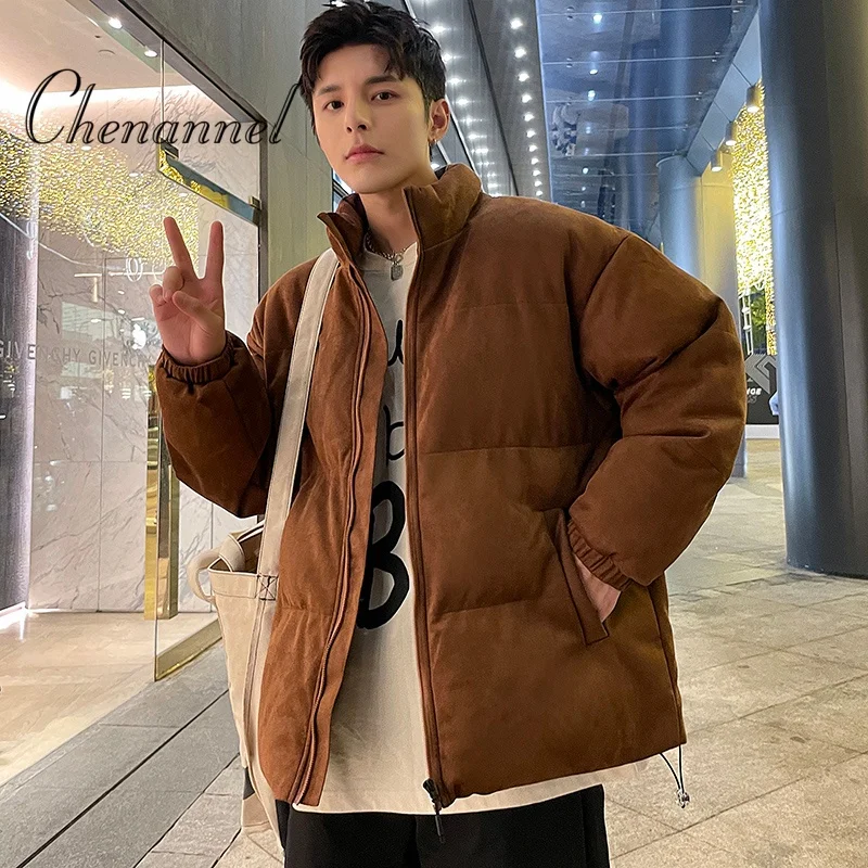 سترة شتوية فضفاضة للرجال بمقاسات كبيرة وبسيطة وياقة واقفة مبطنة بالقطن دافئة وسميكة وعصرية ومتعددة الاستخدامات