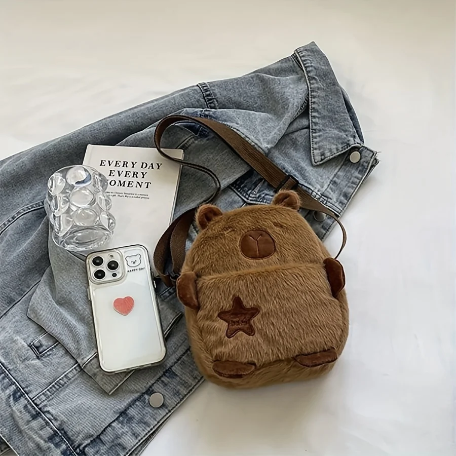 Adorable Fuzzy Capybara Crossbody Bag, Soft Plush Casual Shoulder Purse with Adjustable Strap, Daily Commute Bag for Women