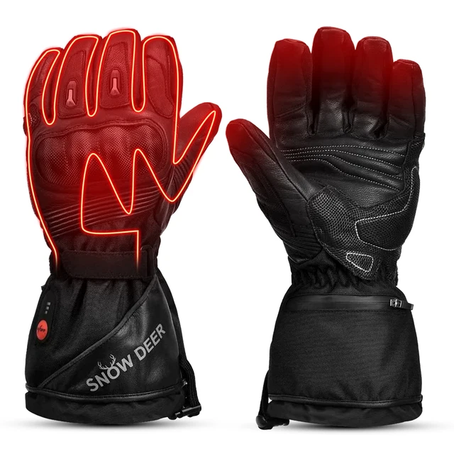SNOW DEER Waterproof Heated Motorcycle Gloves for Men Motorcycle Glove Leather Genuine with Rechargeable Battery Biker Glove