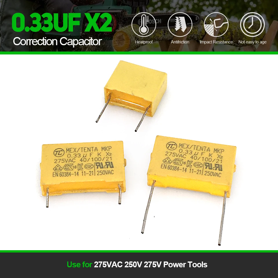

5pcs X2 0.33UF Correction Capacitor Safety Polypropylene Film Capacitor 275VAC 250V 275V Power Tools Switch Parts Fast Shipping
