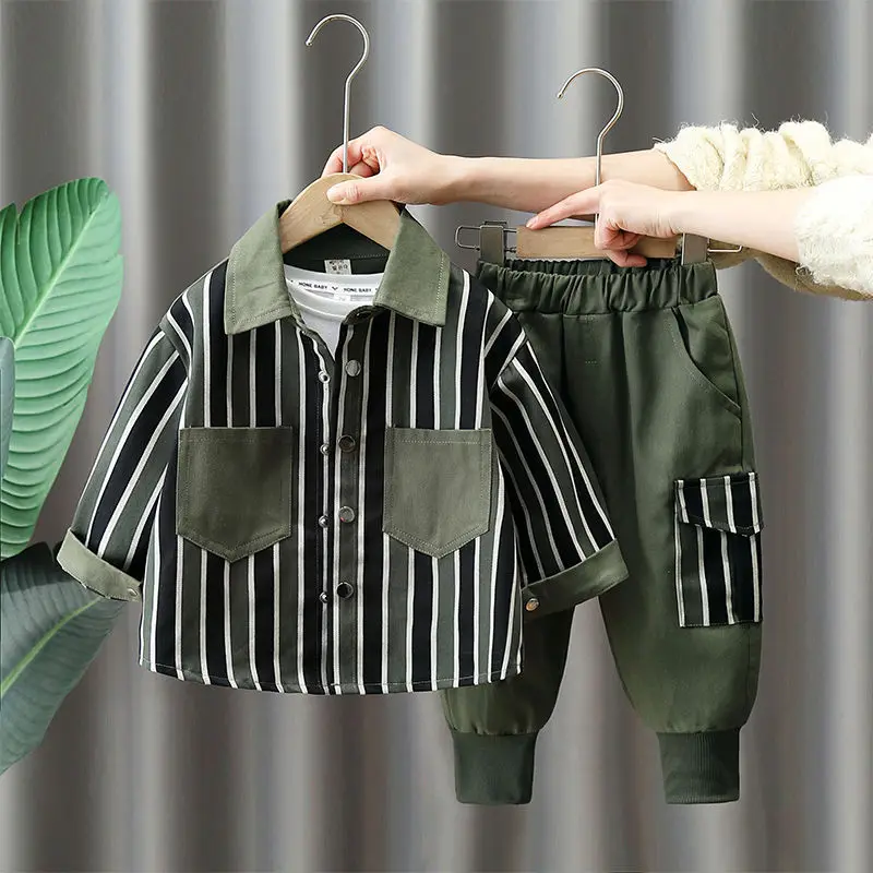 

Boys' Spring Suit New Baby Spring and Autumn Style Handsome Children's Work Wear Long Sleeve Shirt Two Piece Set