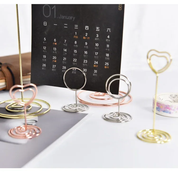Place Card Clamps Stand Metallic Heart Shape Photos Clips Paper Clamp Table Numbers Holder Desktop Decoration 5PCS
