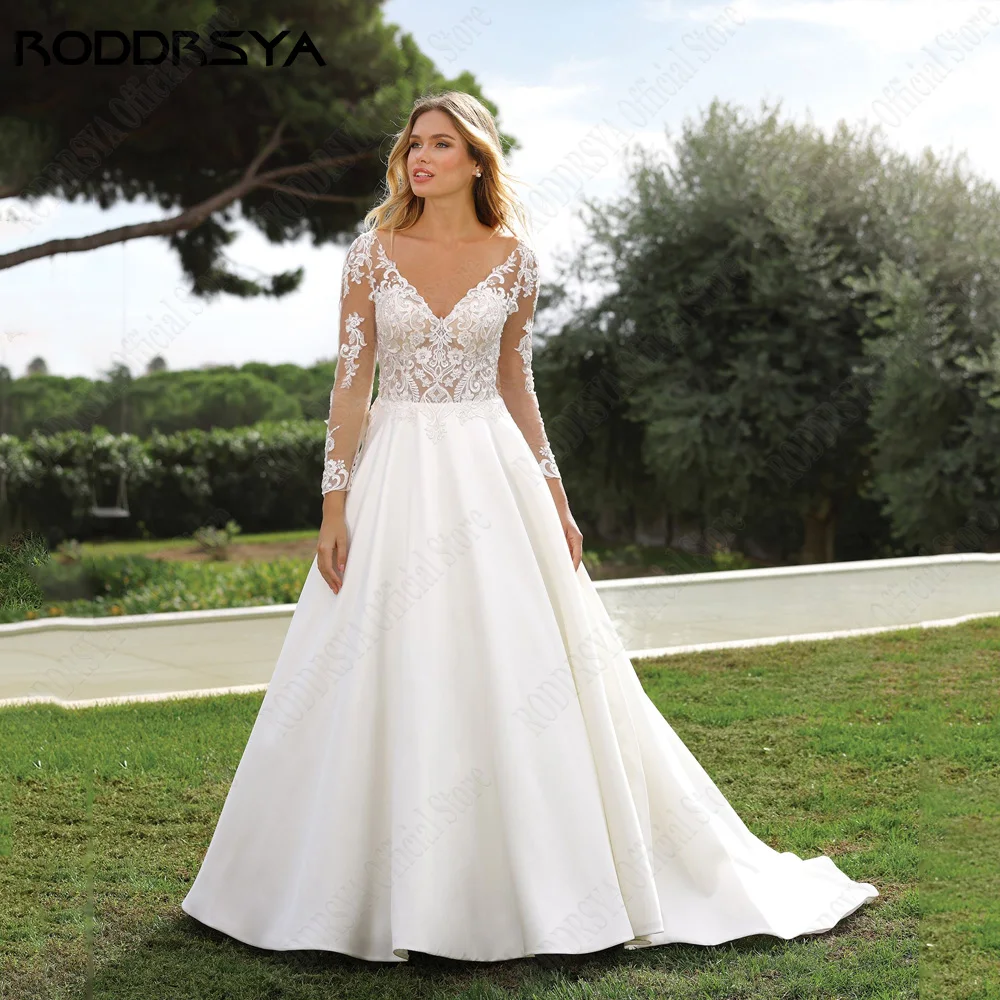 

RODDRSYA Vintage Wedding Dress Long Sleeves Backless Lace Bride Gowns A-Line Satin Abito da sposa Custom Made Vestidos De Novia