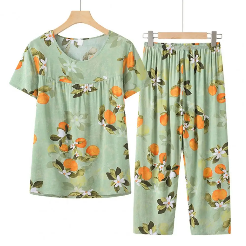 

2 Pcs/Set Mid-aged Night Clothes O Neck Mid-aged T-shirt Pants Set Colorful Flower Print Mid-aged Night Clothes