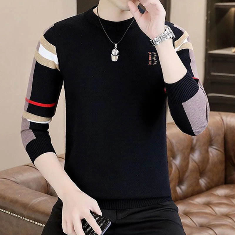 Men's High Quality Letter Embroidery Slim Basic Knitwear Autumn Fashion Contrast Color Business Casual Pullovers Knitted Sweater