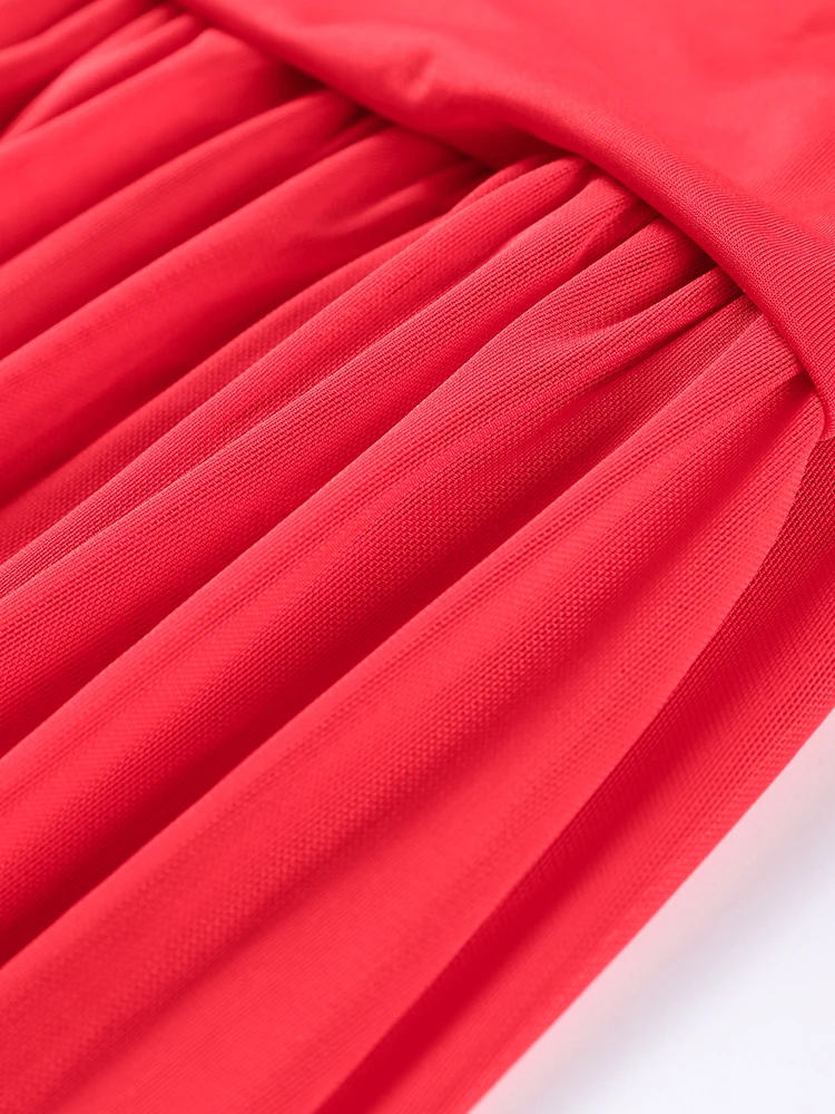 مثير الأحمر مطوي شبكة فستان طويل أحمر انظر من خلال...