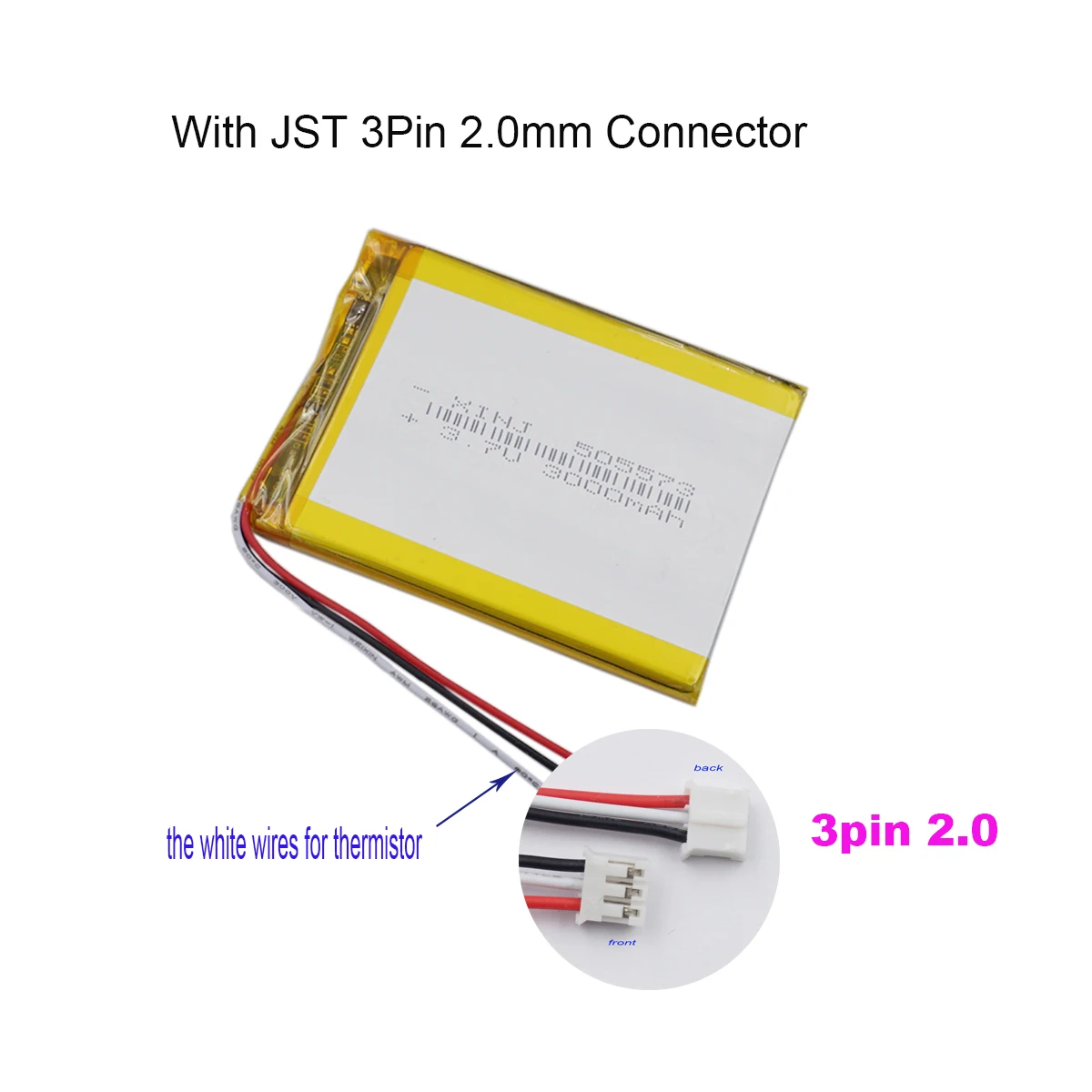 3.7V 3000mAh 11.1Wh Li-Polymer Battery NTC Thermistor 3 Wires JST 3Pin 2.0mm Connector For GPS DashCam Tablet PC