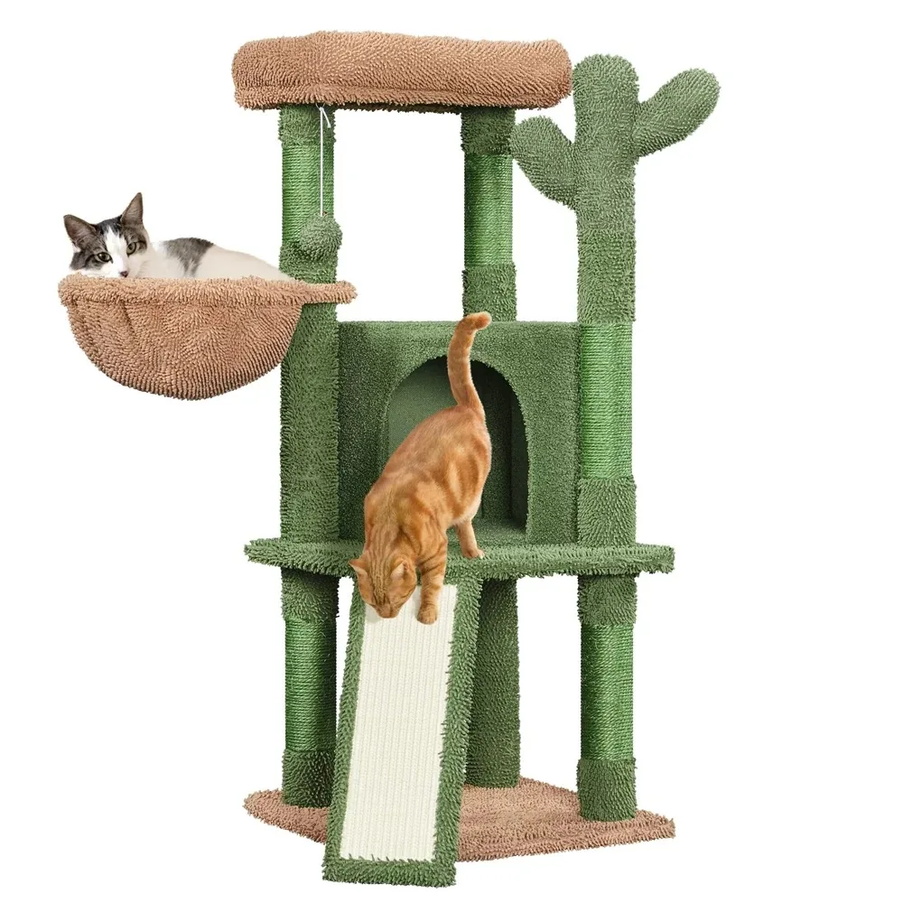 

42" H Cactus Cat Tree Tower with Natural Sisal Scratching Posts, Green & Brown