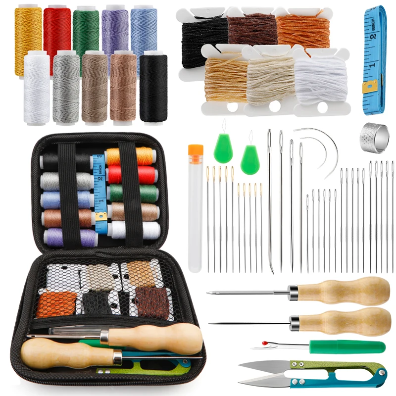 KRABALL 가죽 재봉 키트 수리 봉제 도구 세트, 곡선 바늘, 송곳 보빈 골무 가위, 59 개