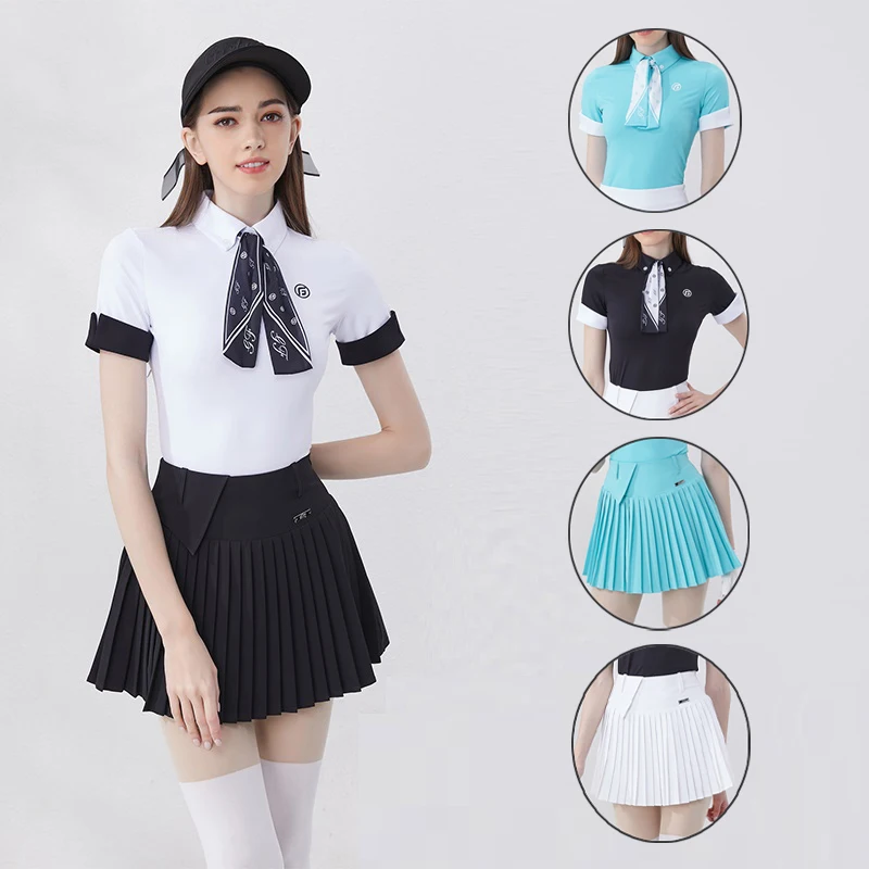 

Golfist Golf Women Short-sleeved Shirt with Ribbon Patchwork Sports Tops Ladies Anti-exposure Skirt A-lined Golf Tennis Skorts