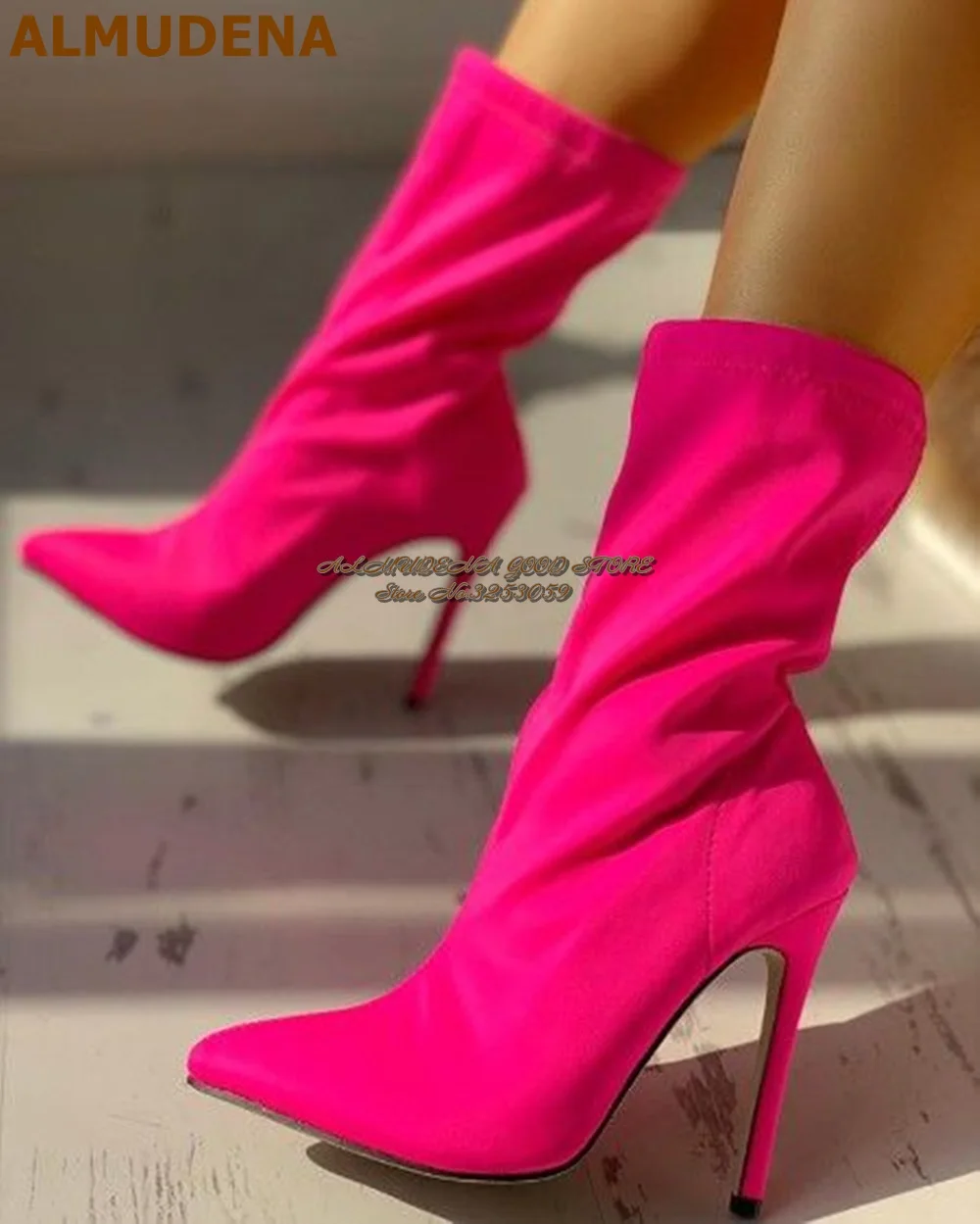 

ALMUDENA Hot Pink Spandex Mid-Calf Boots Thin High Heel Slip-On Elastic Middle Boots Pointed Toe Sexy Party Dress Shoes