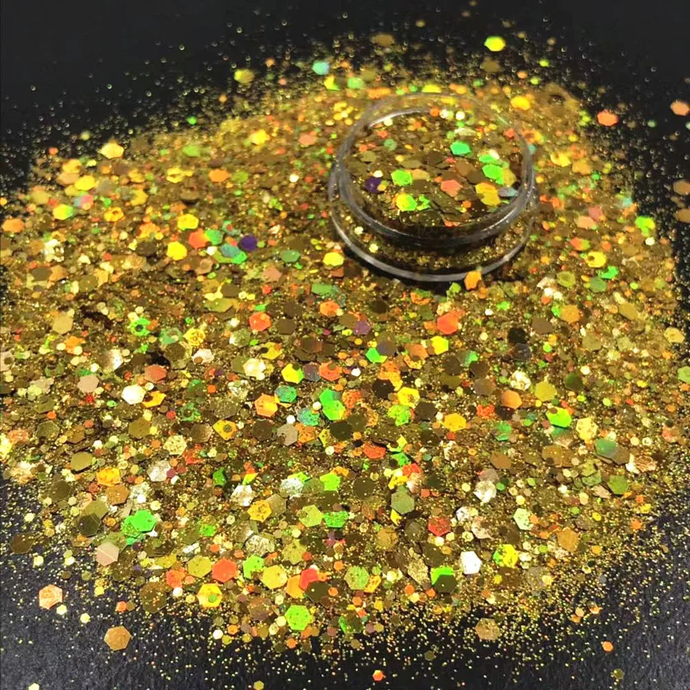 Nail Art Glitter Sequins 10g/Bag Iridescent Holographic Laser Gold/Silver Colorful Powder Sparkly Hexagon PET Safe Chunky Flakes