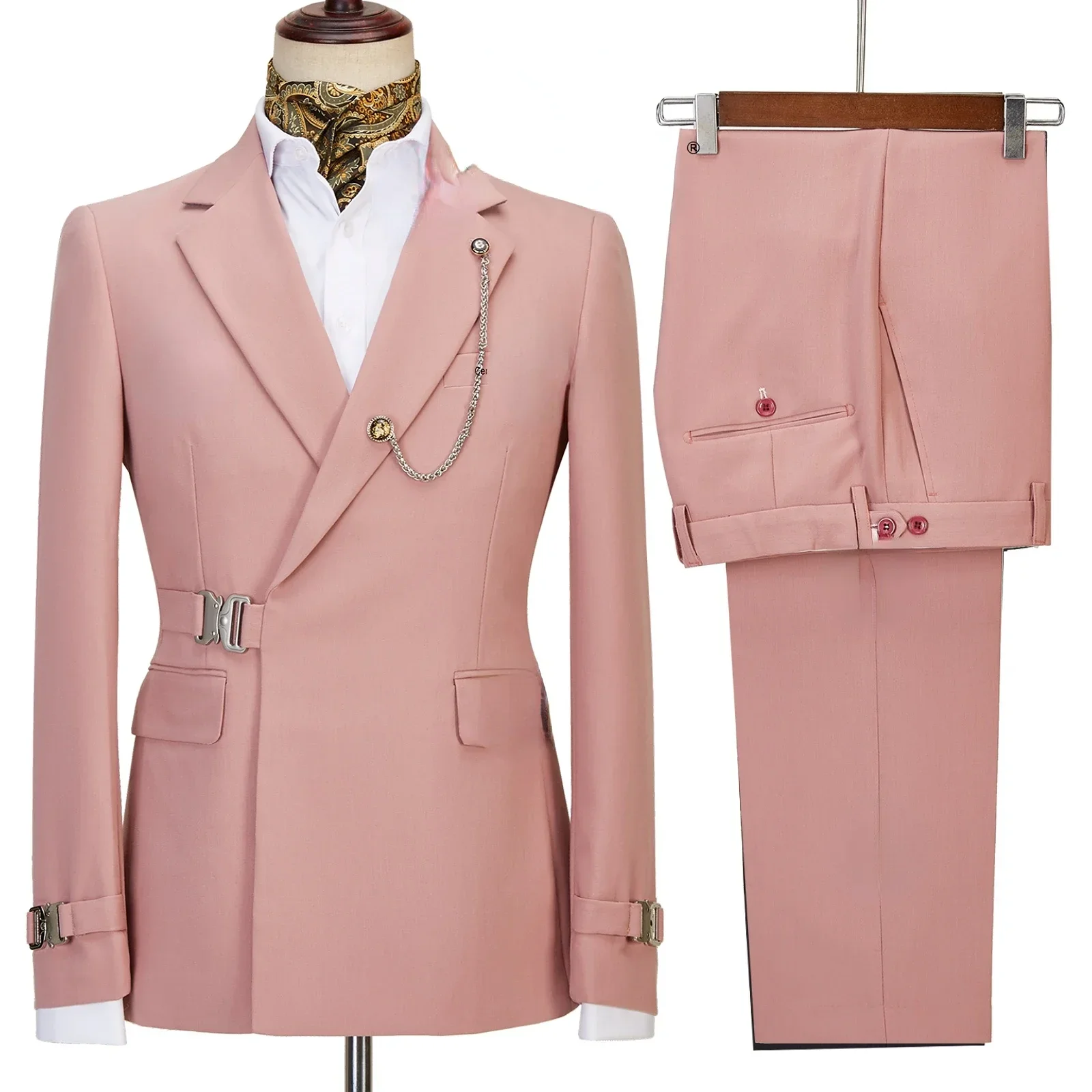 Elegant Luxury Solid Color Business Men's Suit Two Pieces Metal Buckle Male Formal Occasions Blazers and Pants
