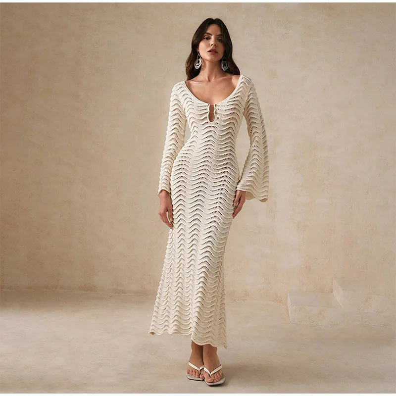 Beach Knit Hollow Out Maxi Dress Women Solid Flare Sleeve Lace-Up See-Through Holiday Dresses Female 2025 Summer Lady Slim Robes