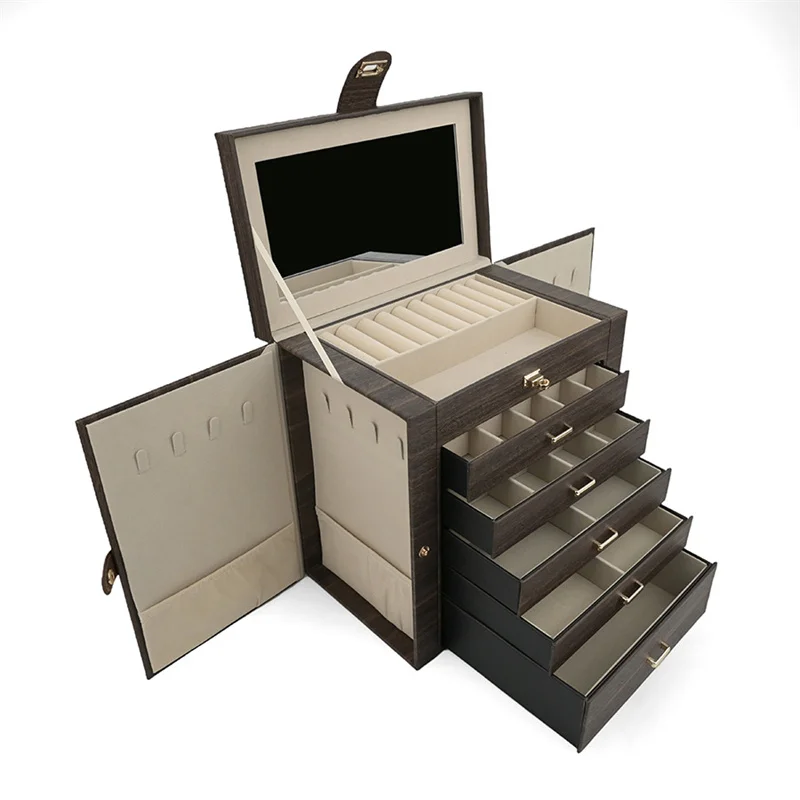 New Large Capacity 6 Layers Jewelry Box with Mirror Leather Earrings Rings Necklaces Jewelry Storage Box Organzers 5 Drawer Gift