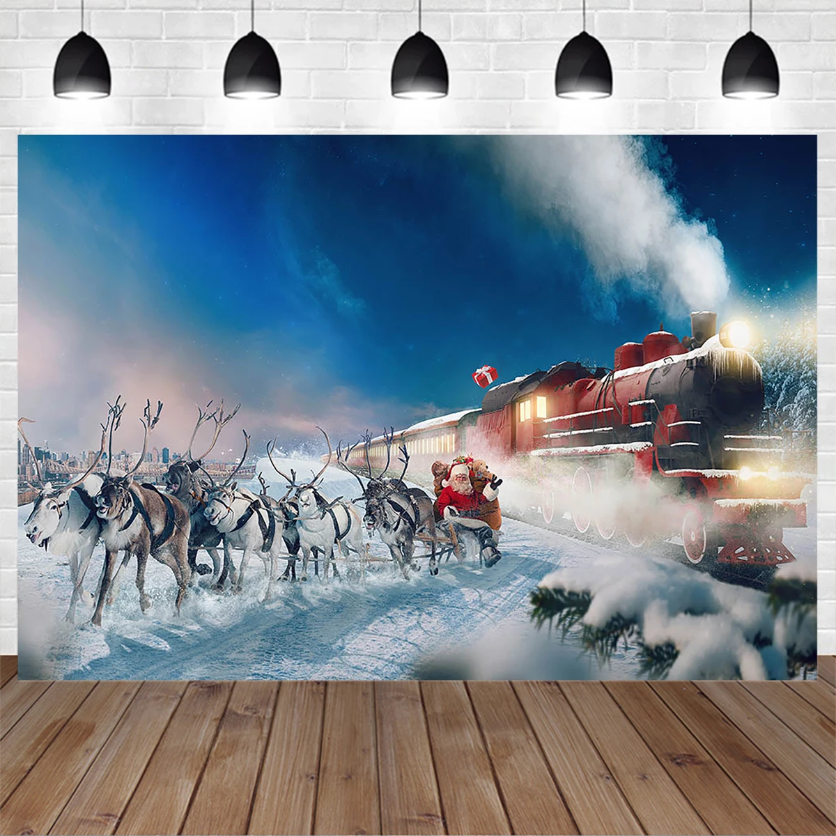 

Christmas Train for Xmas Tree Photography Background Santa Claus Elk Snow Aurora Decoration Backdrop Children Outdoor Photocall